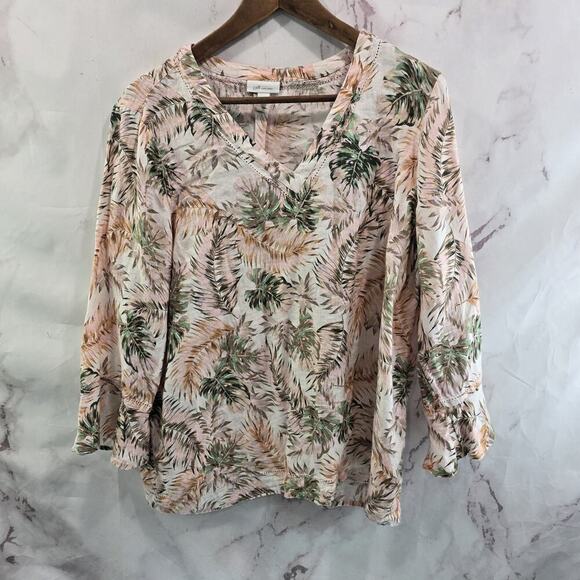 J Jill Shirt Womens Medium Linen Pink Floral Flutter Ruffle Sleeve V Neck Palm - Picture 1 of 11